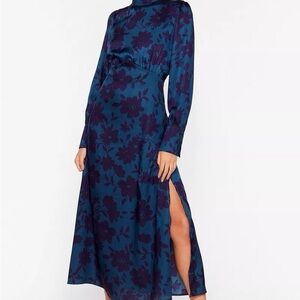 Nasty Gal Blue Satin Dress with Long Bishop Sleeves and Mock Neck